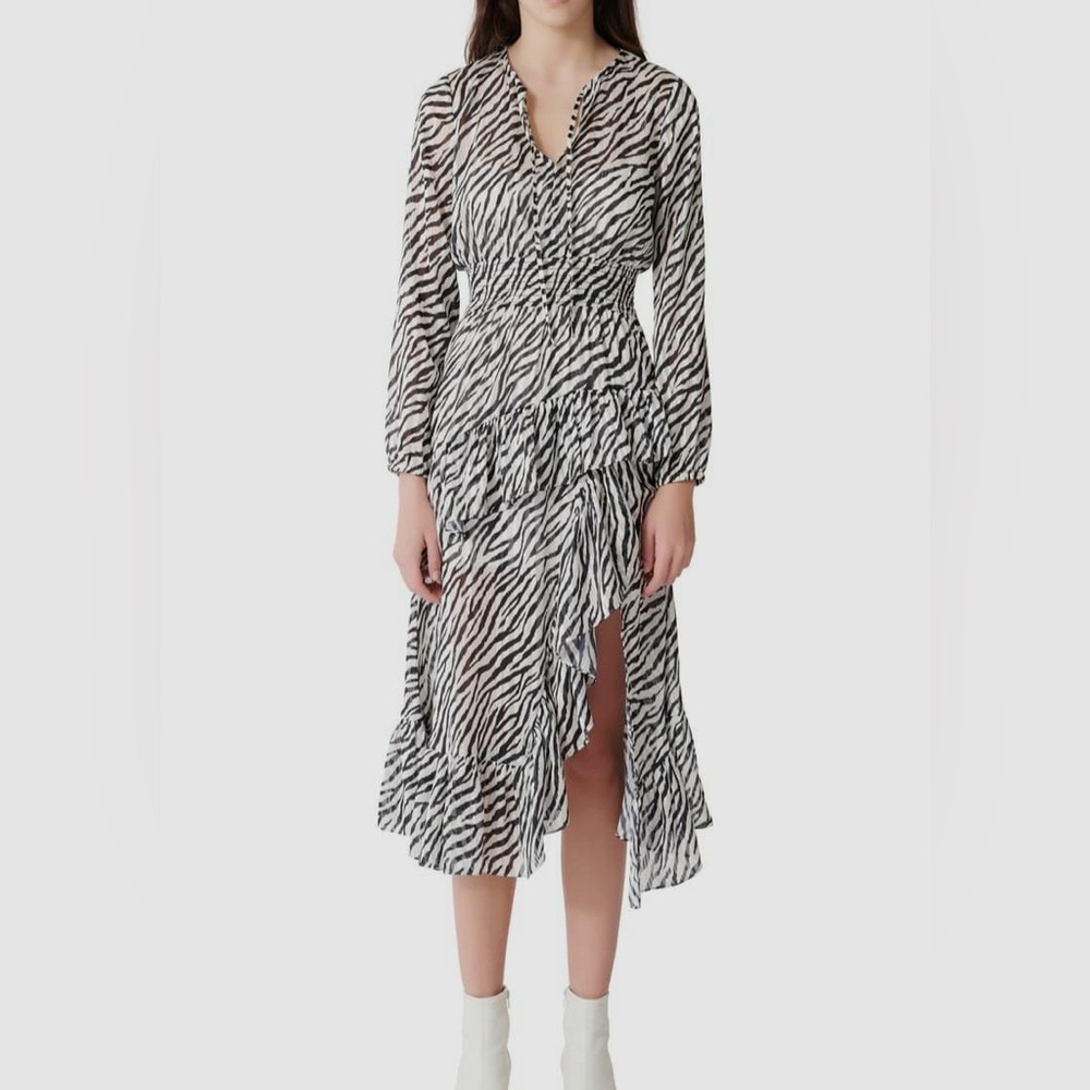 MAJE Ribou Asymmetric Ruffled Metallic Zebra Maxi Dress